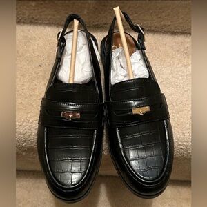Black Croc-Embossed Slingback Loafers with Gold Accent
